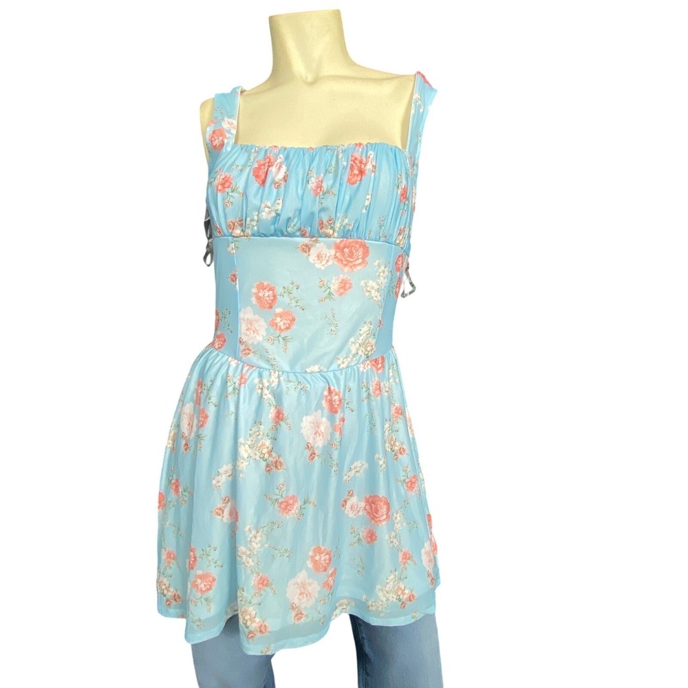 Fashion Nova Joanne Mesh Mini Dress Blue Floral Tie Back Size S